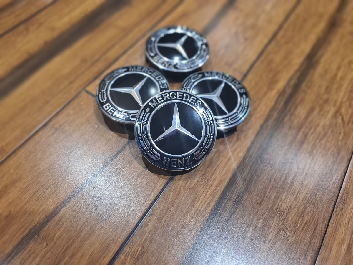 4x Alloy Wheel Centre caps for most Mercedes models Black/Chrome 75mm ...