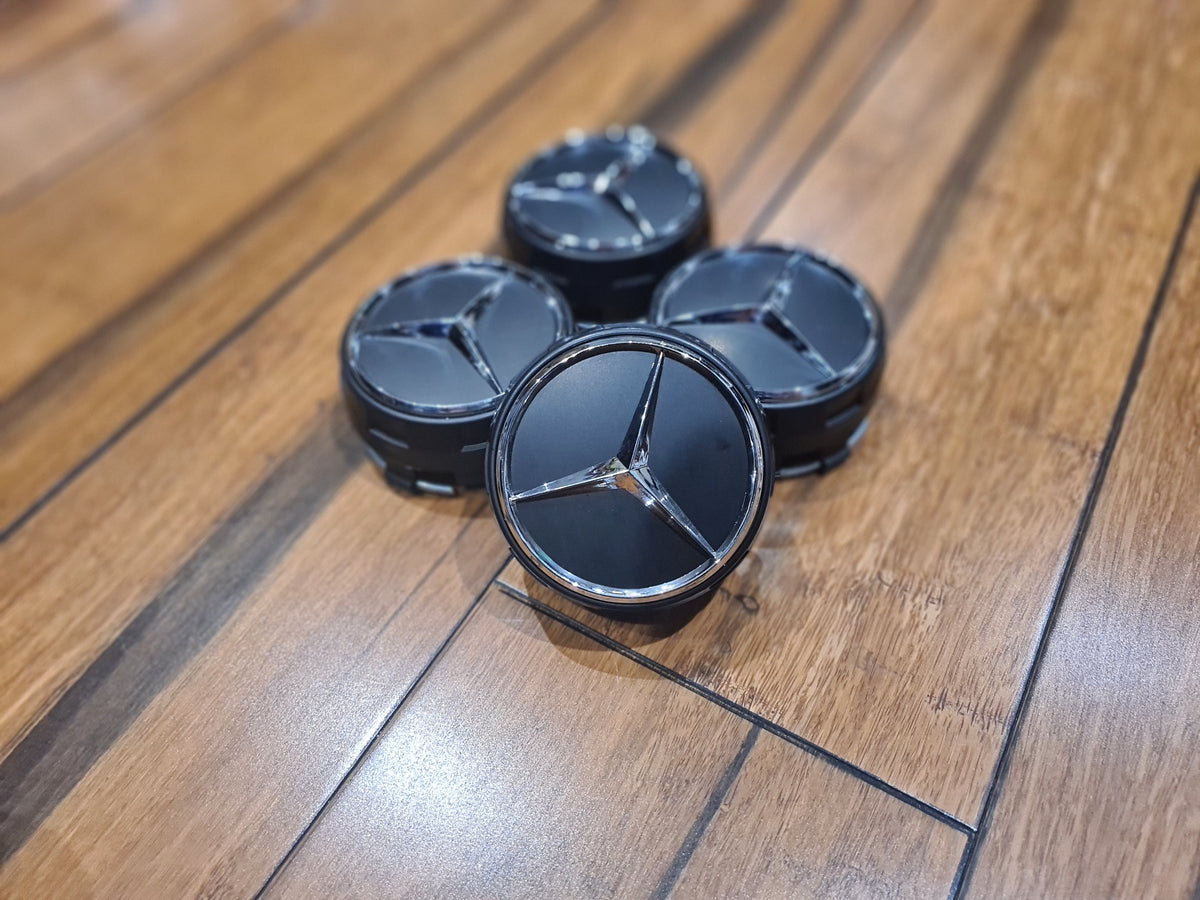 4x Alloy Wheel Centre caps for most Mercedes models Matt Black/Chrome ...