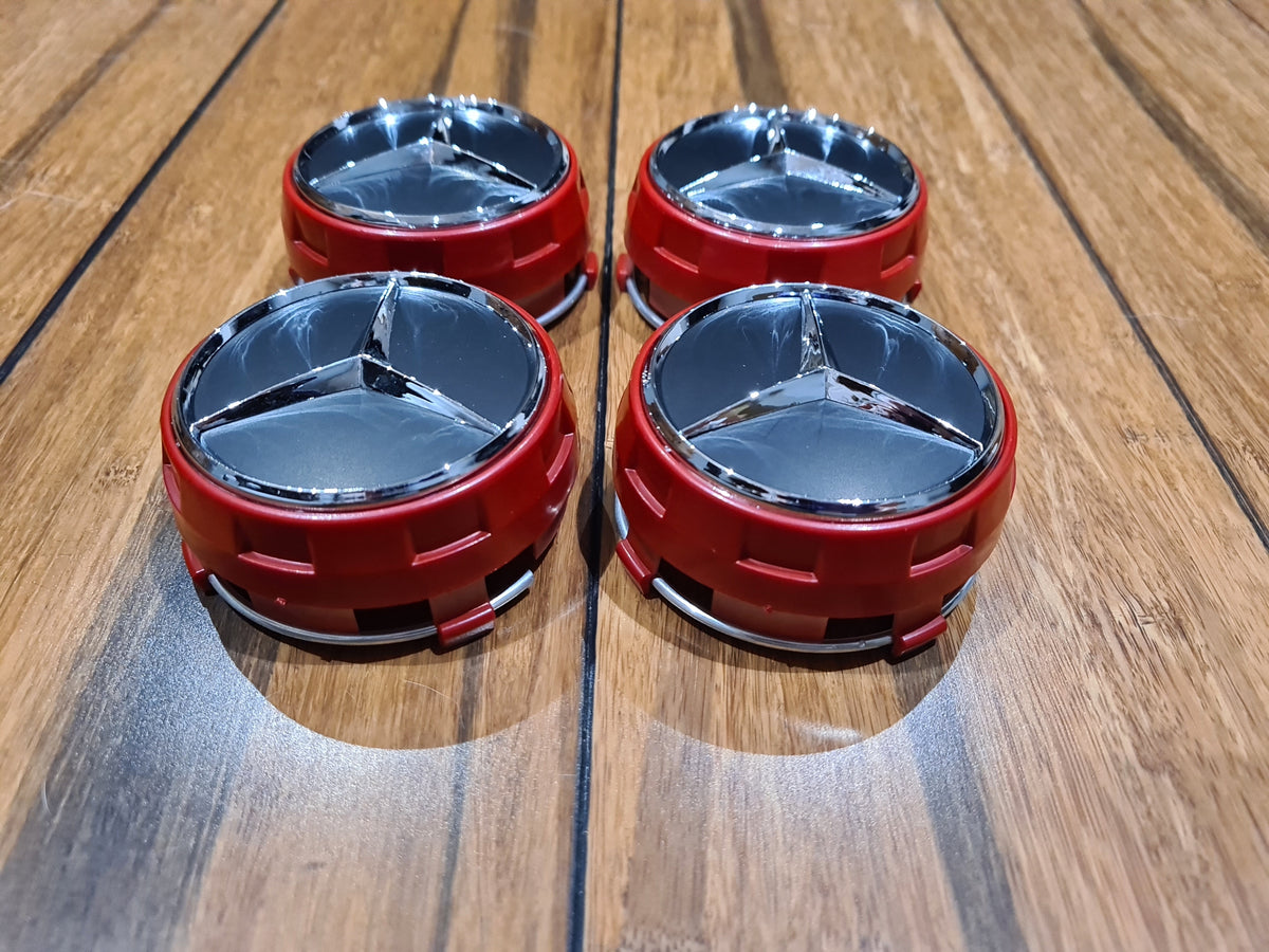 4x Alloy Wheel Centre caps for most Mercedes models Matt Black/Red/Chr ...