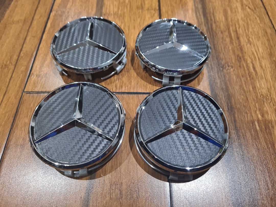 4x Chrome & Black Mercedes Wheel Center Caps – Hub Covers For E, CLA, GLS, ML Series