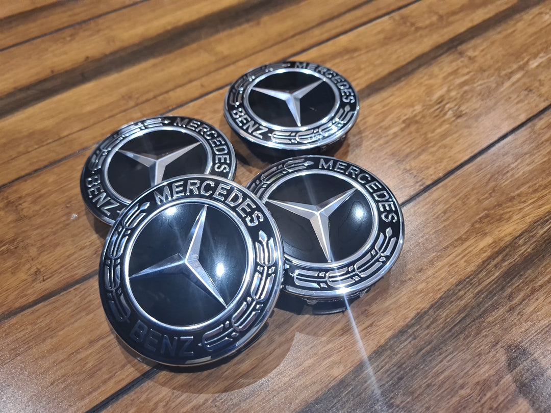 Set Of 4 Black/Chrome 75mm AMG Wreath Center Hub Caps For Mercedes-Benz – Easy Snap-On Fit